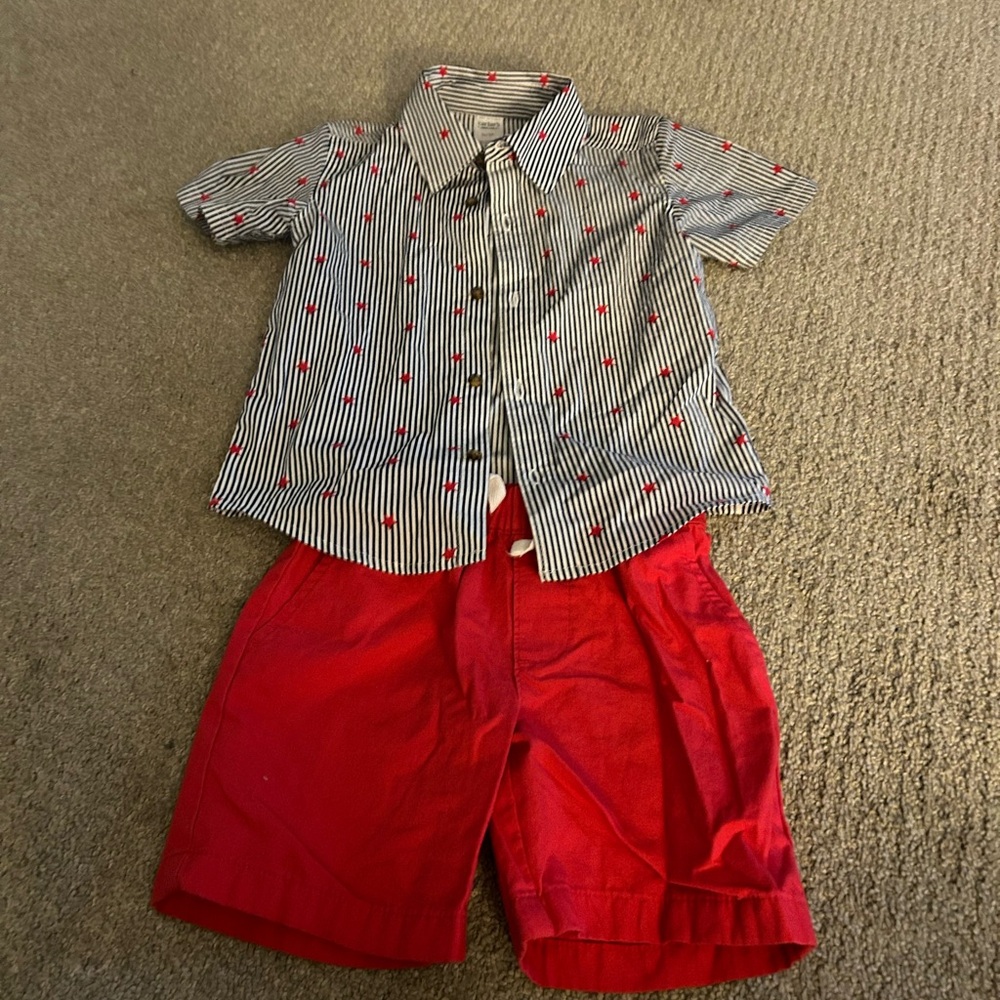 Carters Boys Short Sleeve Button Up Top with Red Shorts